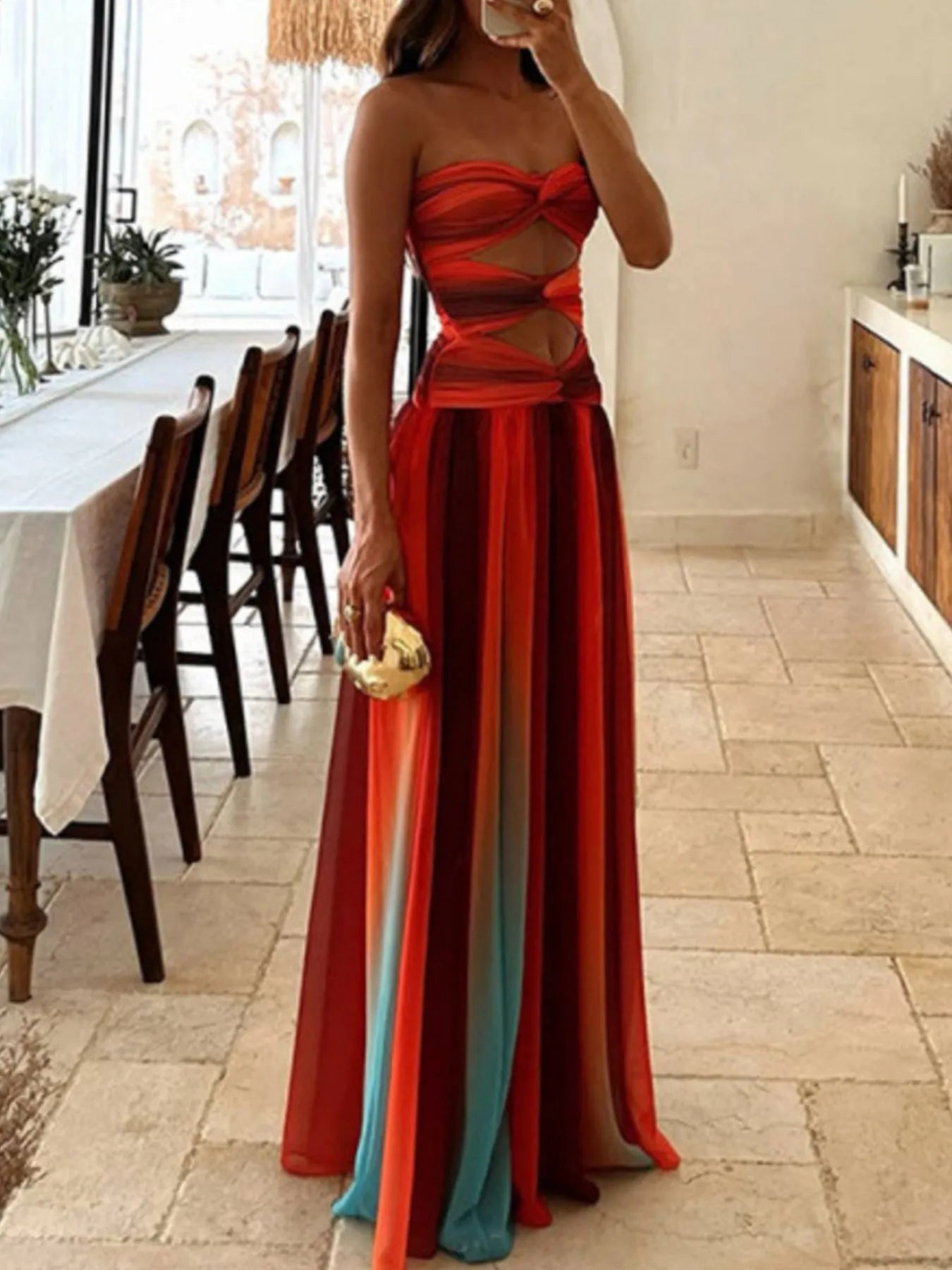 Strapless Cut-Out Ombre Maxi Dress