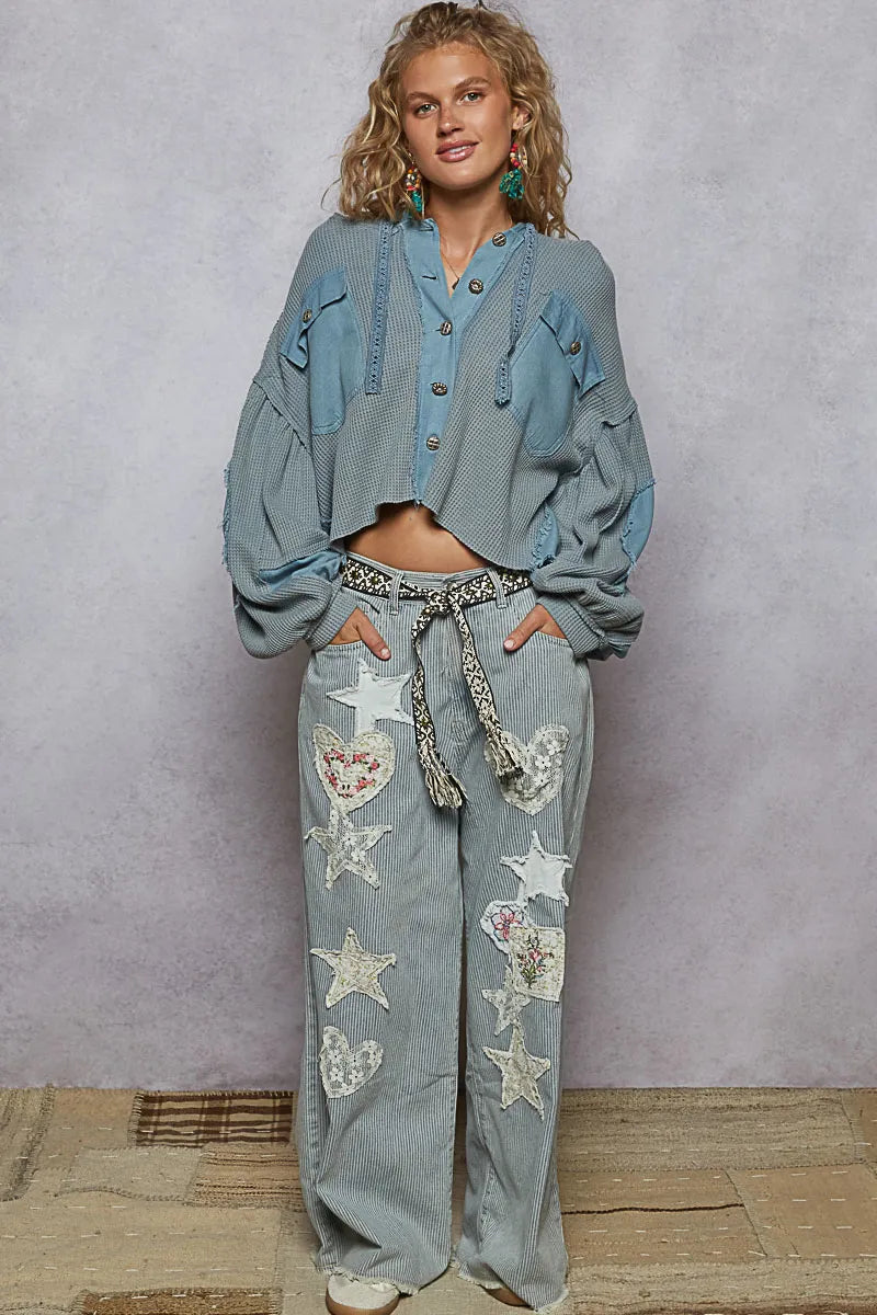 Contrast Cropped Jacket with Raw Edge Detail