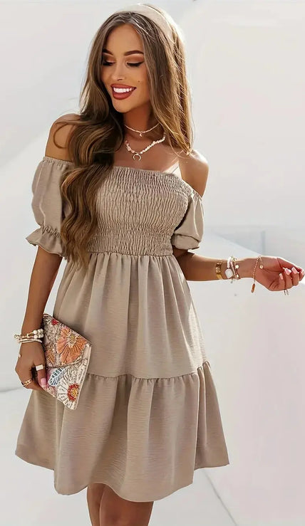 Full Size Ruffled Off-Shoulder Short Sleeve Dress - Heraki 