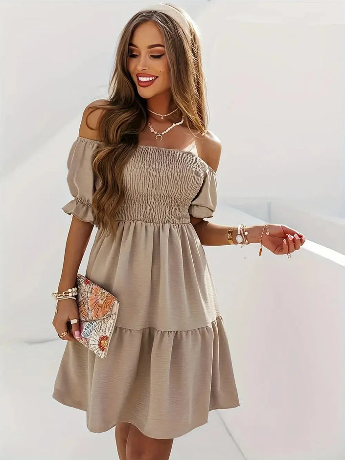 Full Size Ruffled Off-Shoulder Short Sleeve Dress - Heraki 