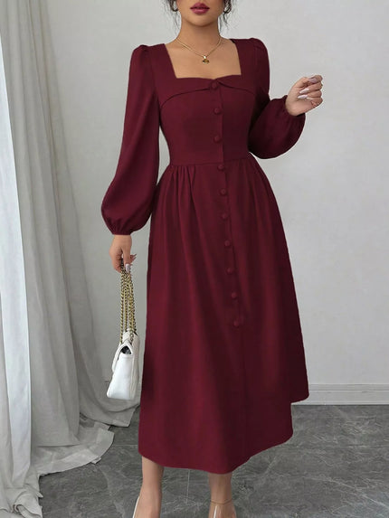 Square Neck Button-Front Midi Dress - Elegant Vintage-Inspired Summer Silhouette