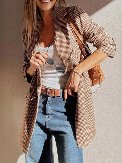 Classic Houndstooth Lapel Collar Blazer - Timeless Plaid Tailored Jacket