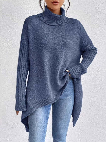 Turtleneck High-Low Hem Ribbed Sweater - Oversized Asymmetrical Knit Pullover