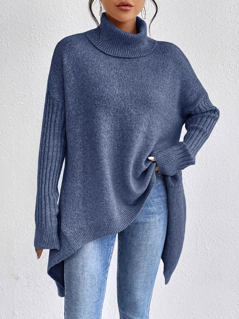 Turtleneck High-Low Hem Ribbed Sweater - Oversized Asymmetrical Knit Pullover