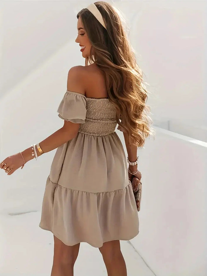 Full Size Ruffled Off-Shoulder Short Sleeve Dress - Heraki 