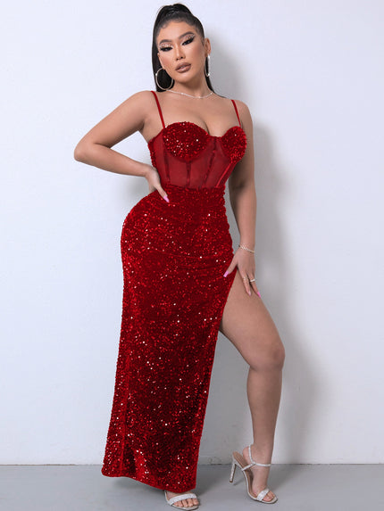 Sequin Mesh Sweetheart Maxi Dress with Adjustable Spaghetti Straps