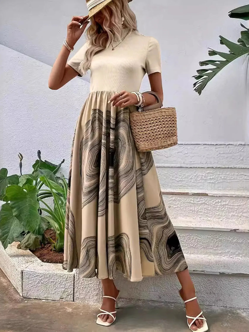 Printed Round Neck Short Sleeve Maxi Dress