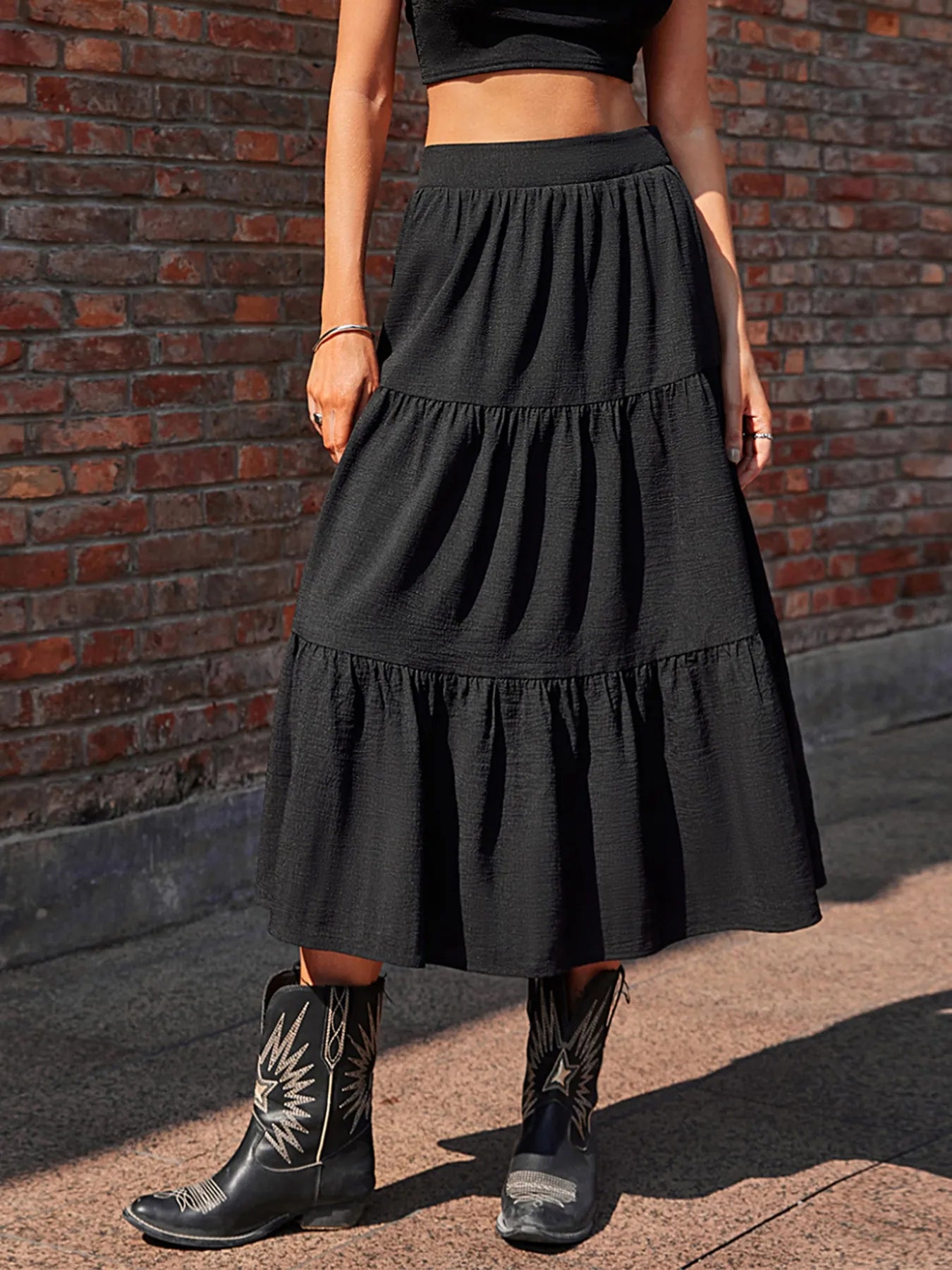 Tiered Ruched Midi Skirt