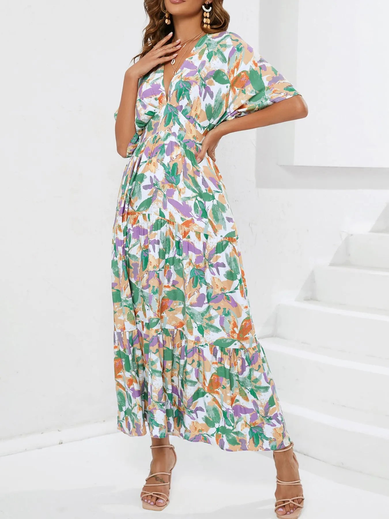Floral Boho Ruched Midi Dress
