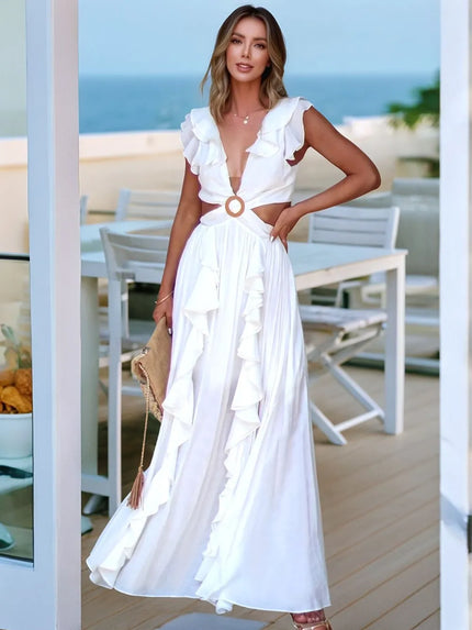 Cutout Ruffled Cap Sleeve Maxi Dress with Side Slit - Boho Chic Vacation & Beachfront Gown