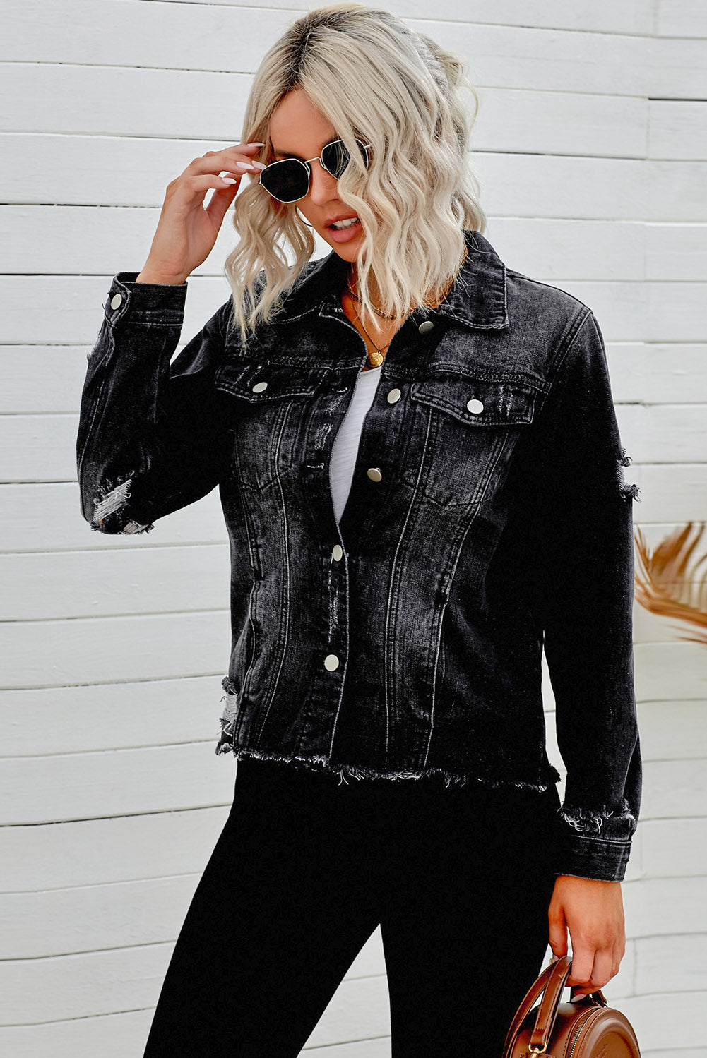 Distressed Raw Hem Cropped Denim Jacket