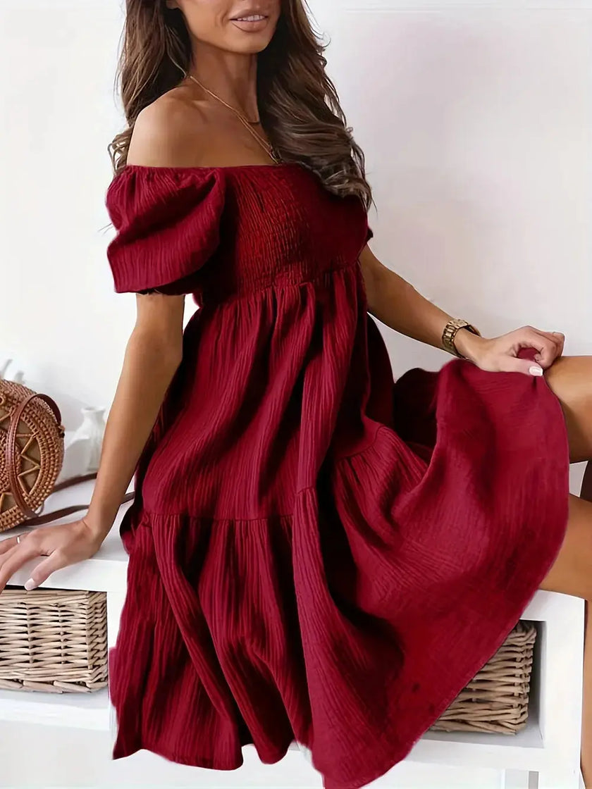 Full Size Ruffled Off-Shoulder Short Sleeve Dress - Heraki 