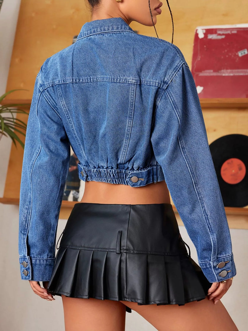 Cropped Button-Up Casual Denim Jacket