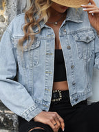 Women's Button Up Cropped Denim Jacket with Chest Pockets
