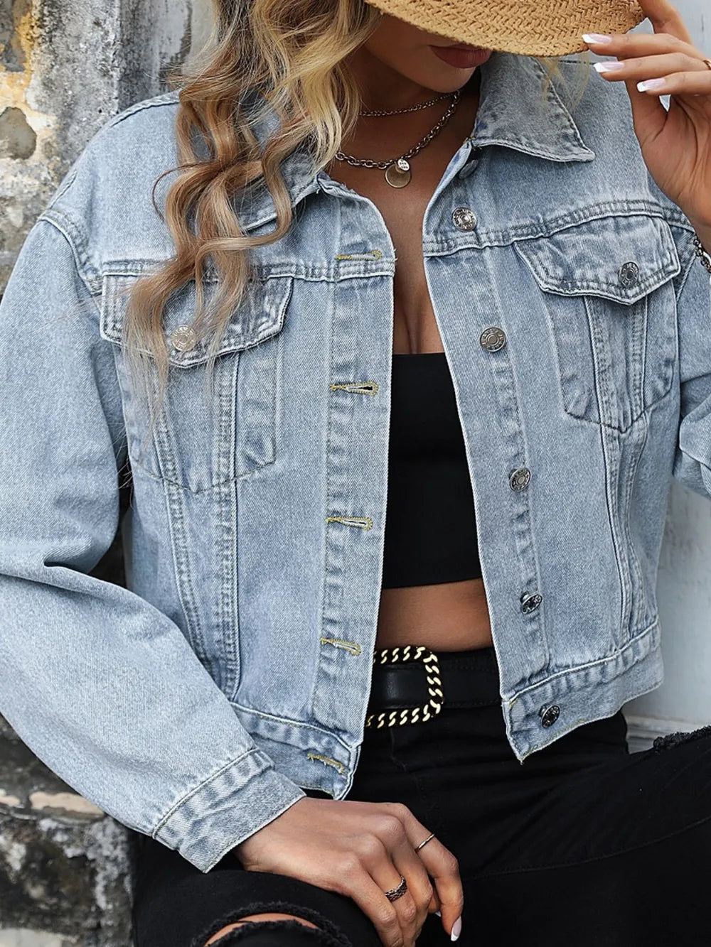 Women's Button Up Cropped Denim Jacket with Chest Pockets