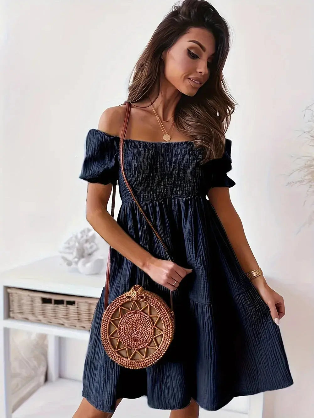 Full Size Ruffled Off-Shoulder Short Sleeve Dress - Heraki 