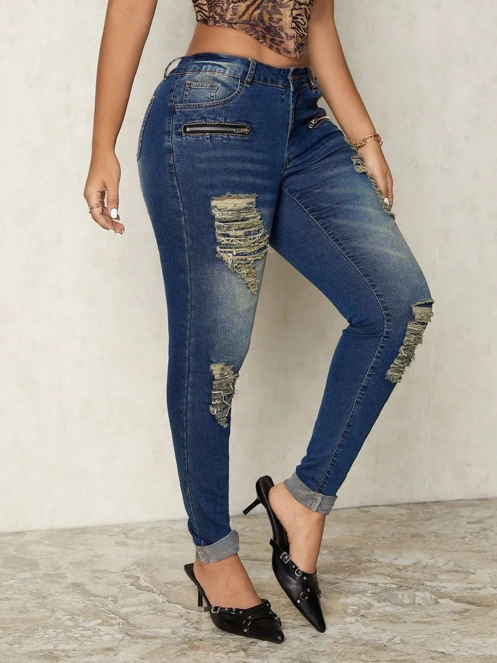 Distressed Skinny Jeans with Zipper Detail - Modern High-Rise Ripped Denim