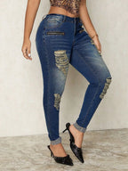 Distressed Skinny Jeans with Zipper Detail - Modern High-Rise Ripped Denim