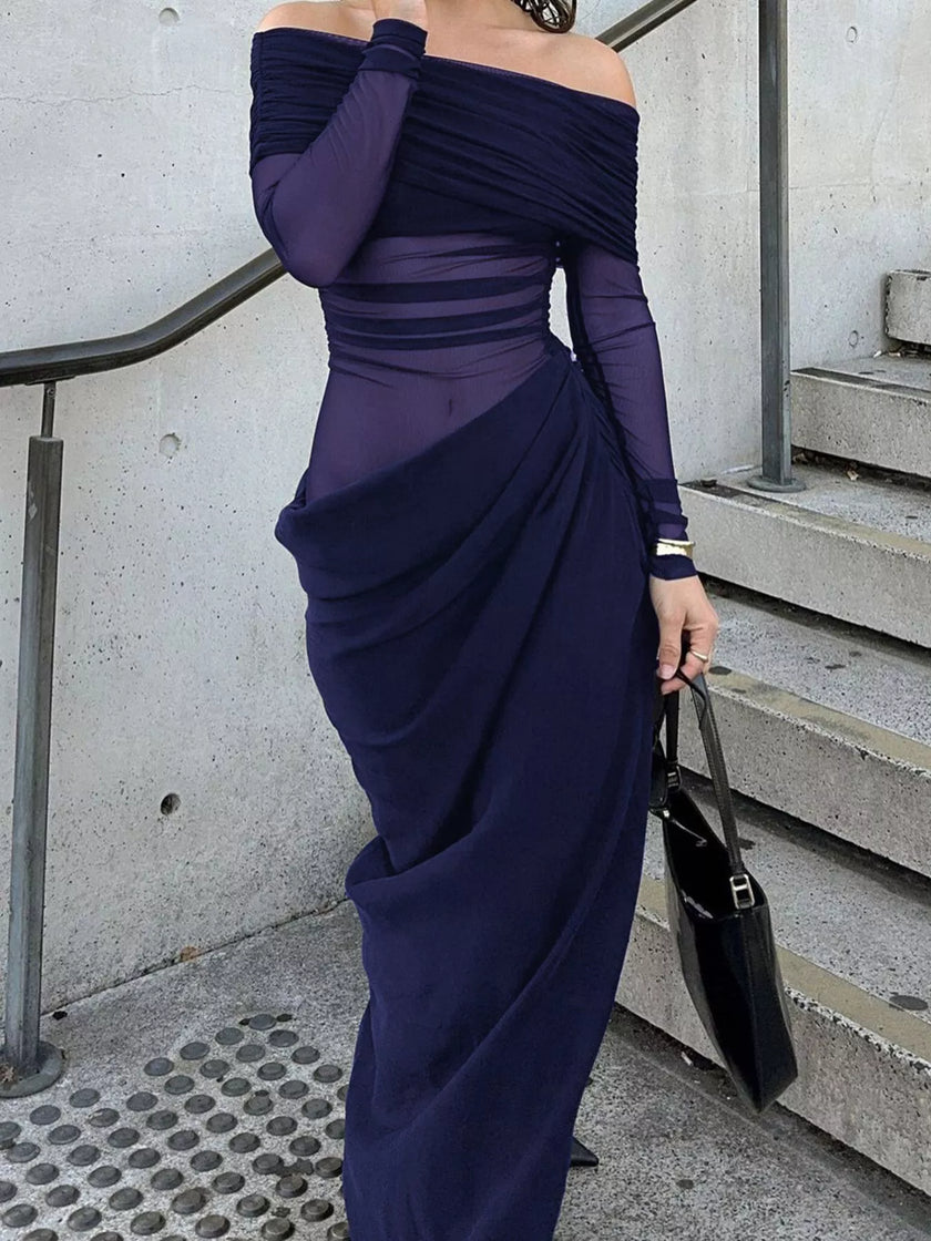 Off-Shoulder Long Sleeve Ruched Bodycon Maxi Dress