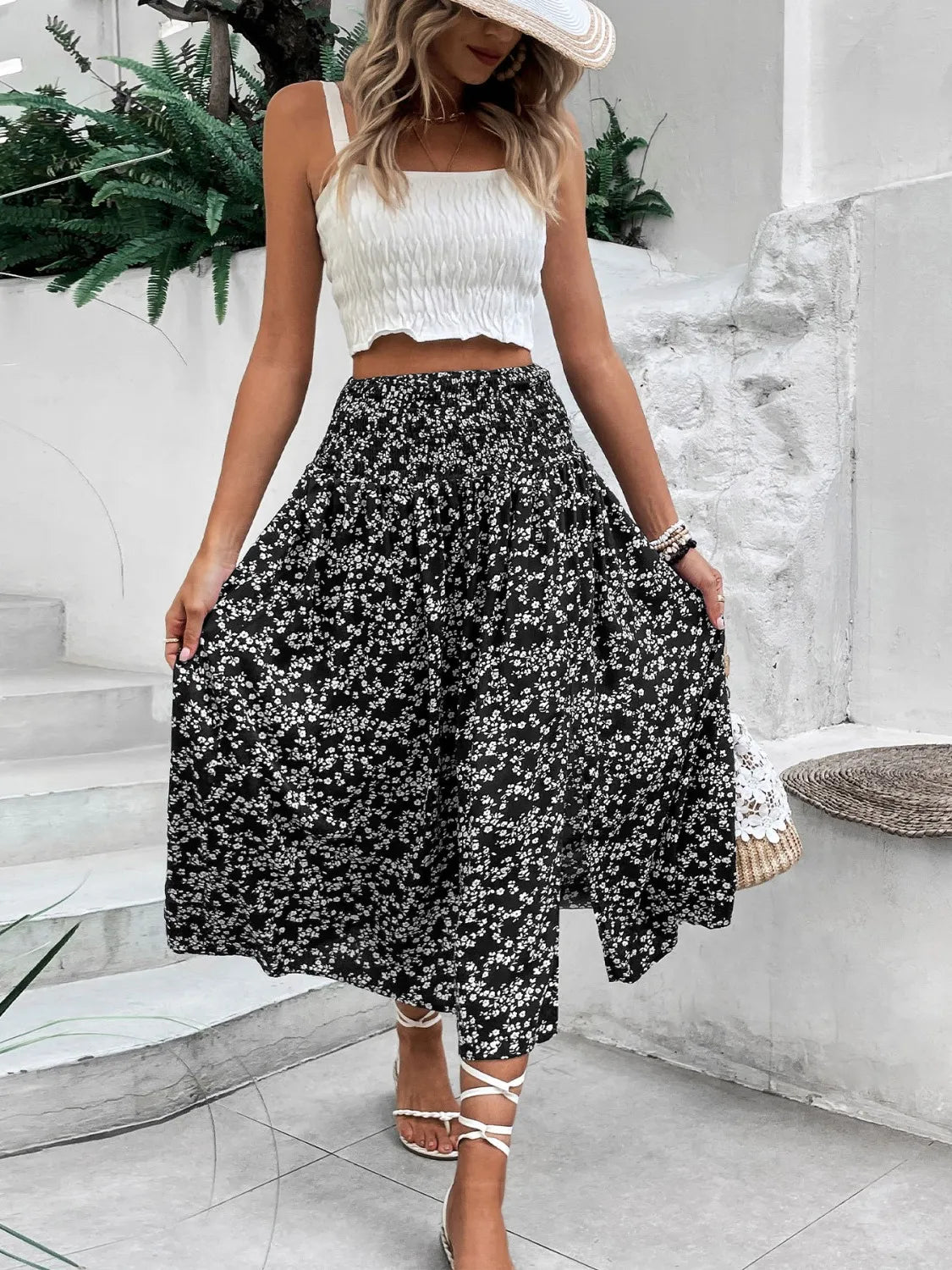Smocked Printed Slit Midi Skirt