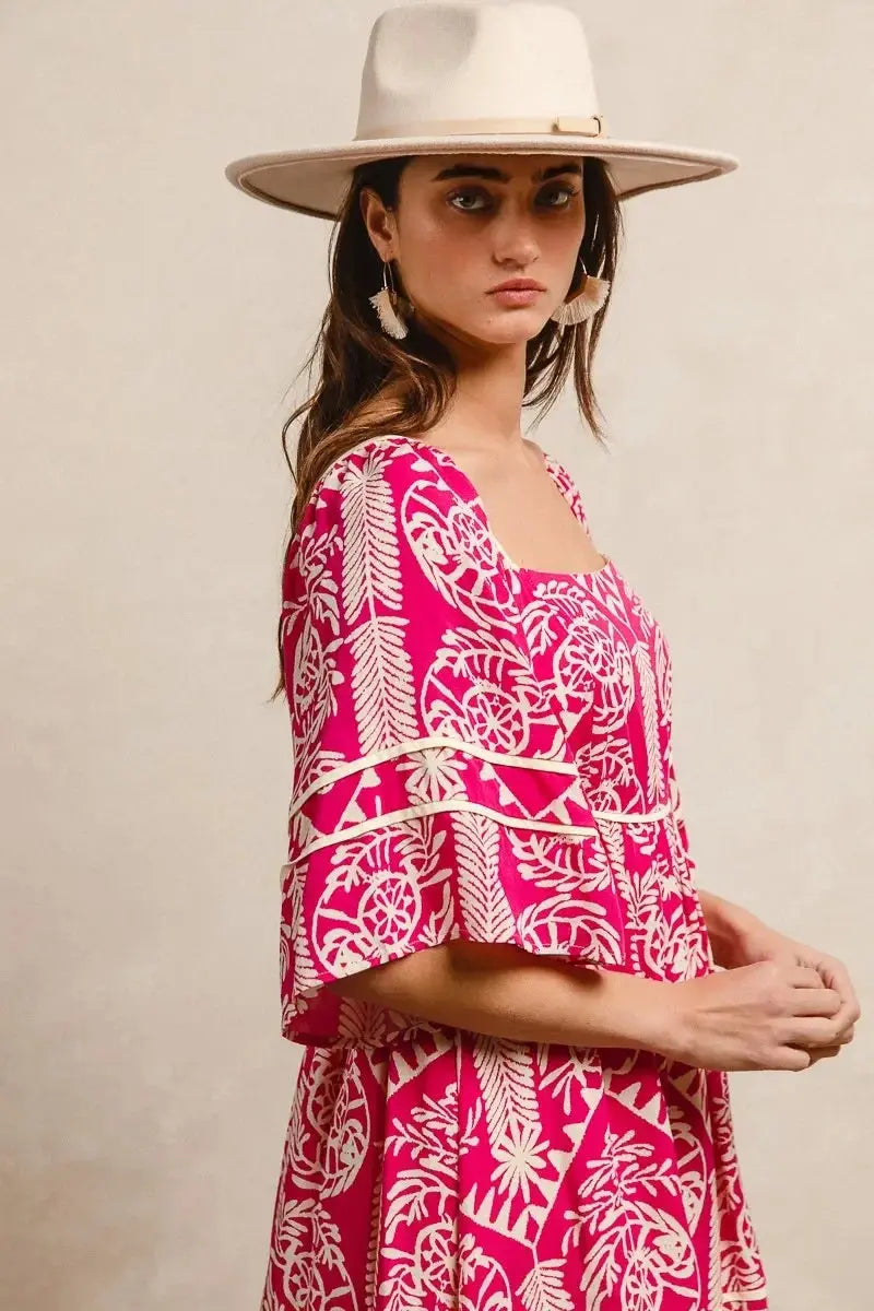 BiBi Aztec Woven Printed Contrast Binding Dress - Heraki 