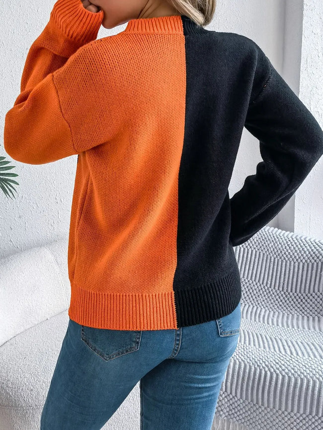 Contrast Round Neck Long Sleeve Sweate