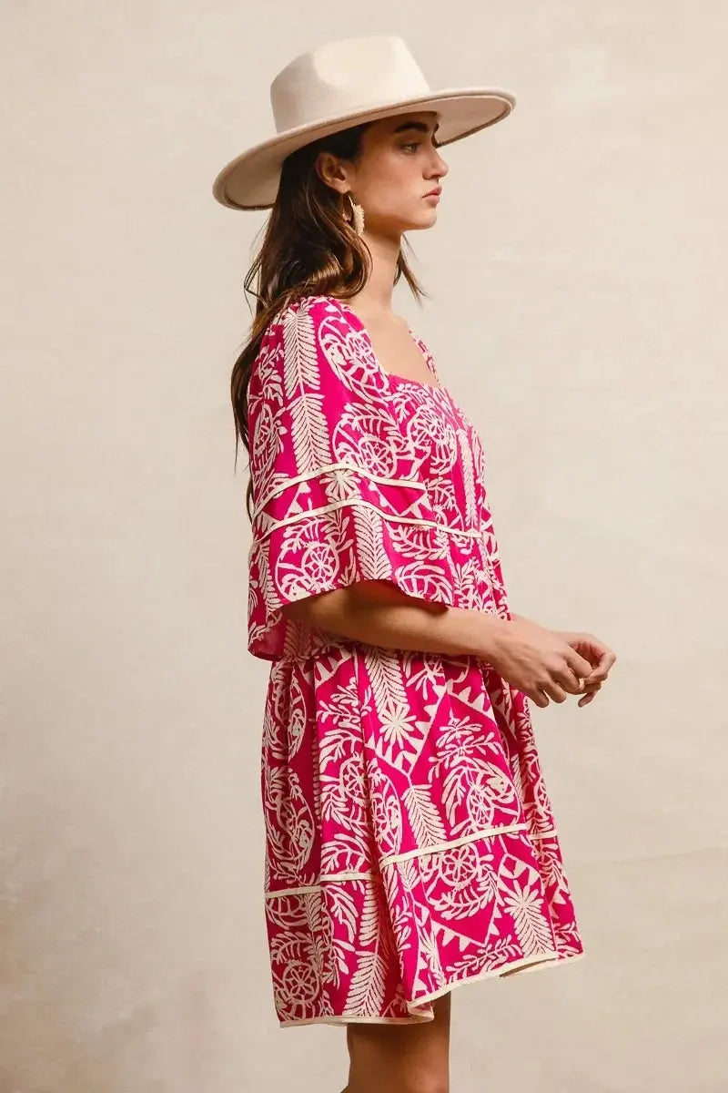 BiBi Aztec Woven Printed Contrast Binding Dress - Heraki 