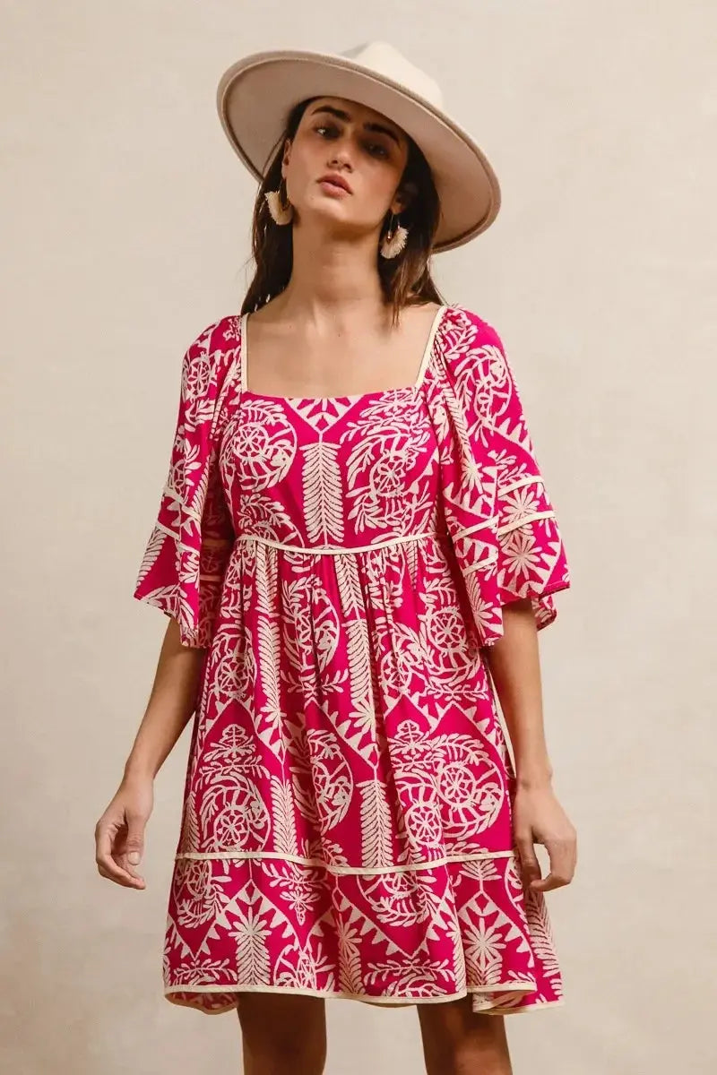 BiBi Aztec Woven Printed Contrast Binding Dress - Heraki 