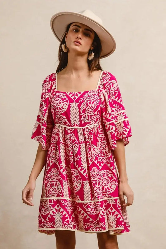 BiBi Aztec Woven Printed Contrast Binding Dress - Heraki 