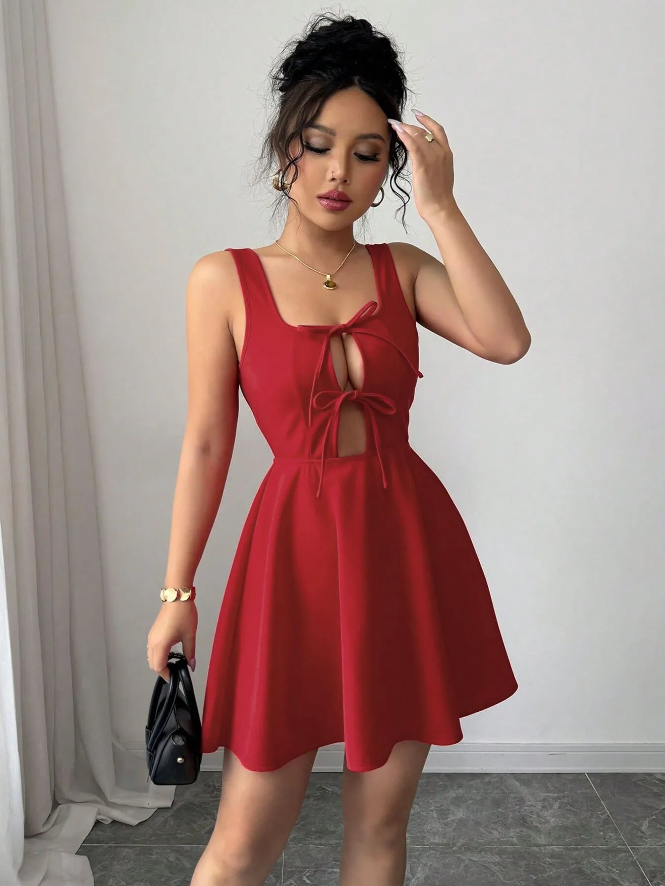 Tie-Front Wide Strap Cutout Mini Dress