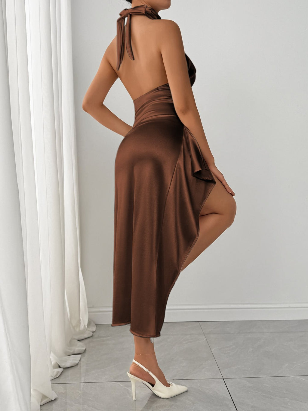 Halter Neck Satin Slit Dress