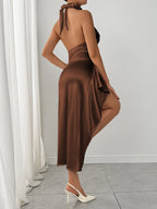 Halter Neck Satin Slit Dress
