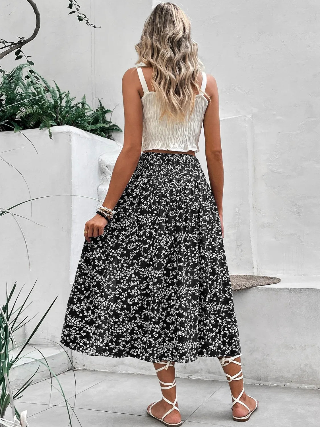Smocked Printed Slit Midi Skirt