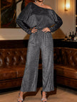 One-Shoulder Glitter Wide Leg Jumpsuit with Long Sleeve