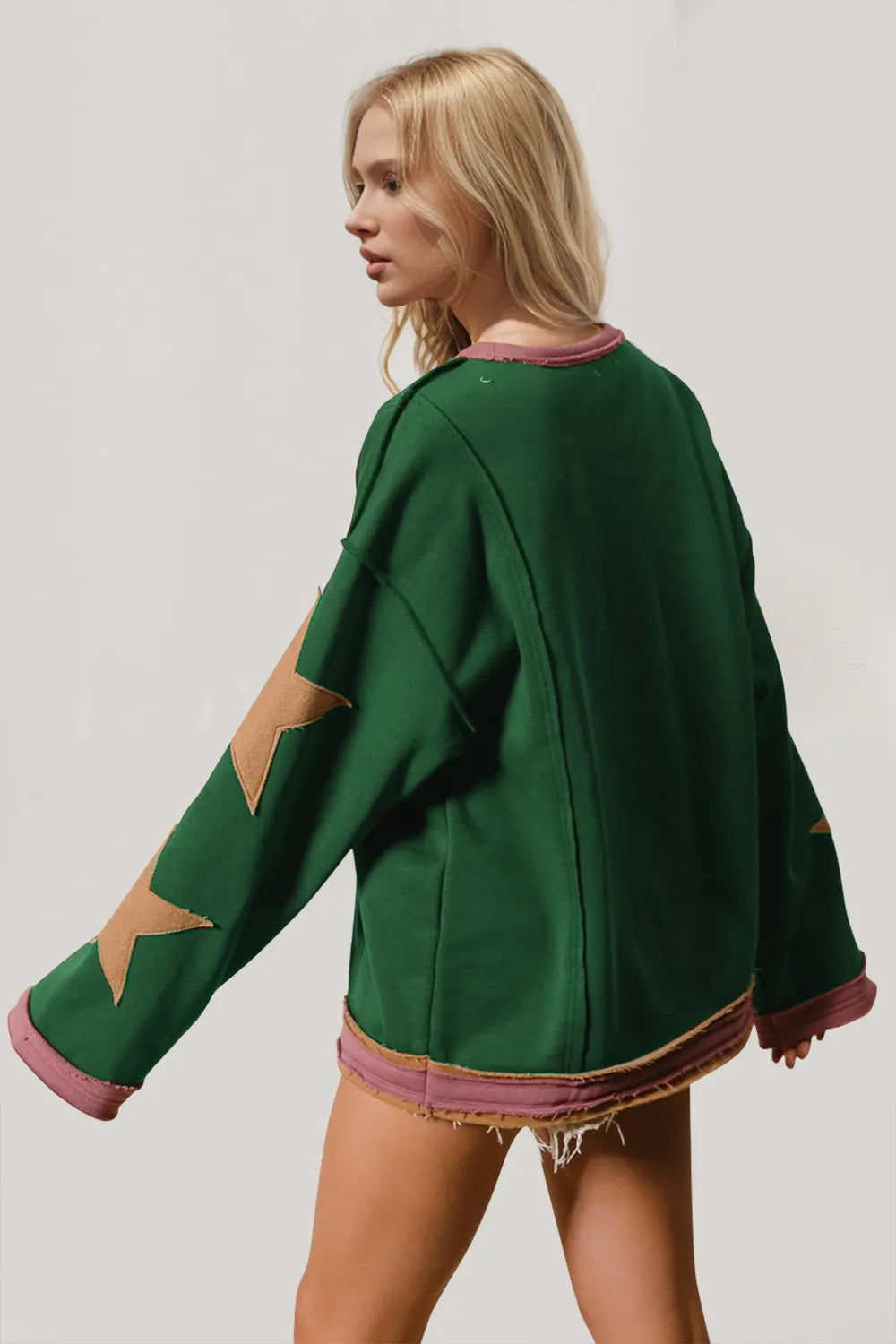 Star Patched Exposed Seam Long Sleeve Sweatshirt