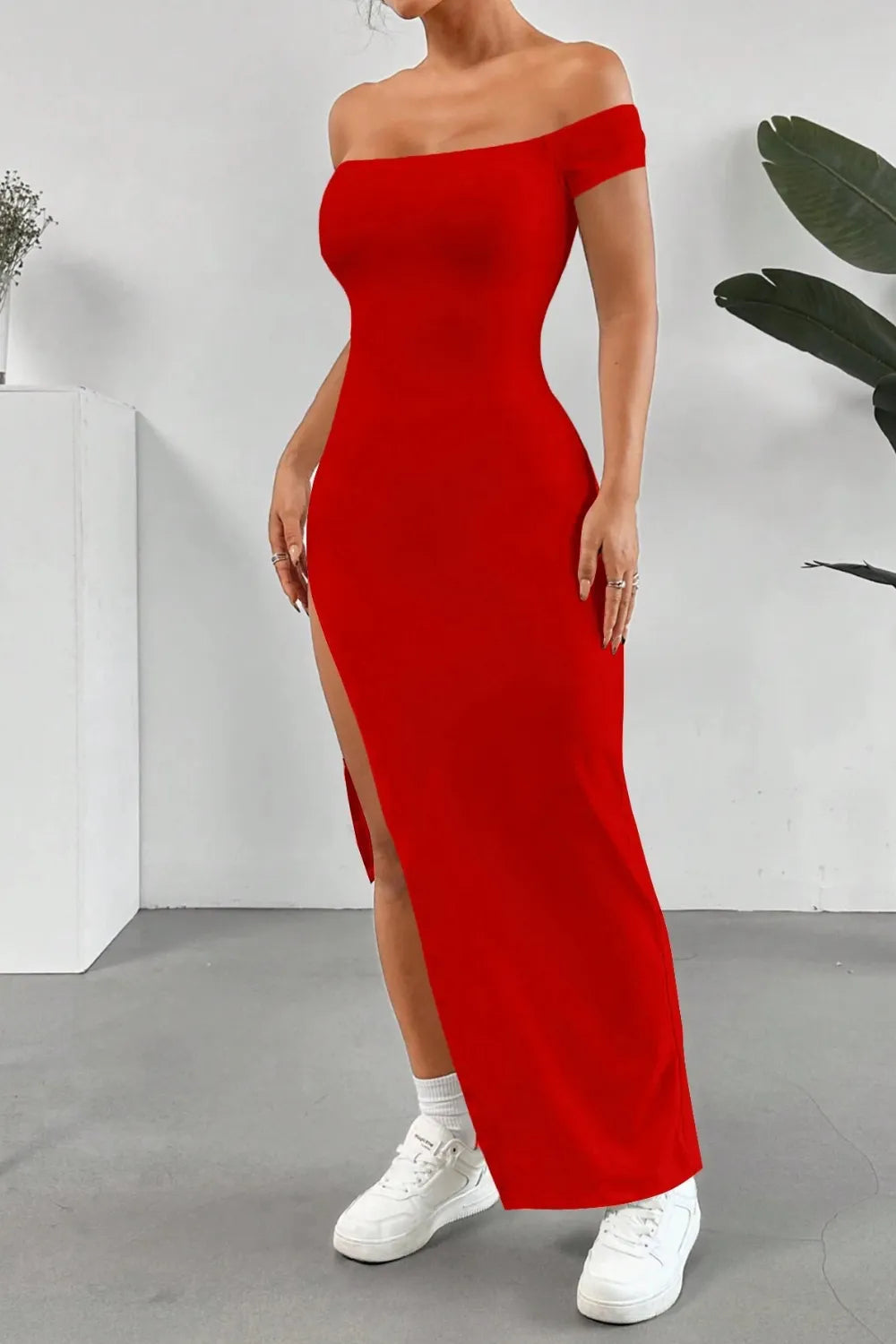 Off-Shoulder Slit Bodycon Maxi Dressx