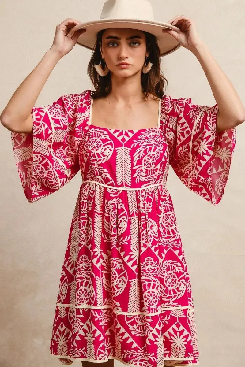 BiBi Aztec Woven Printed Contrast Binding Dress - Heraki 