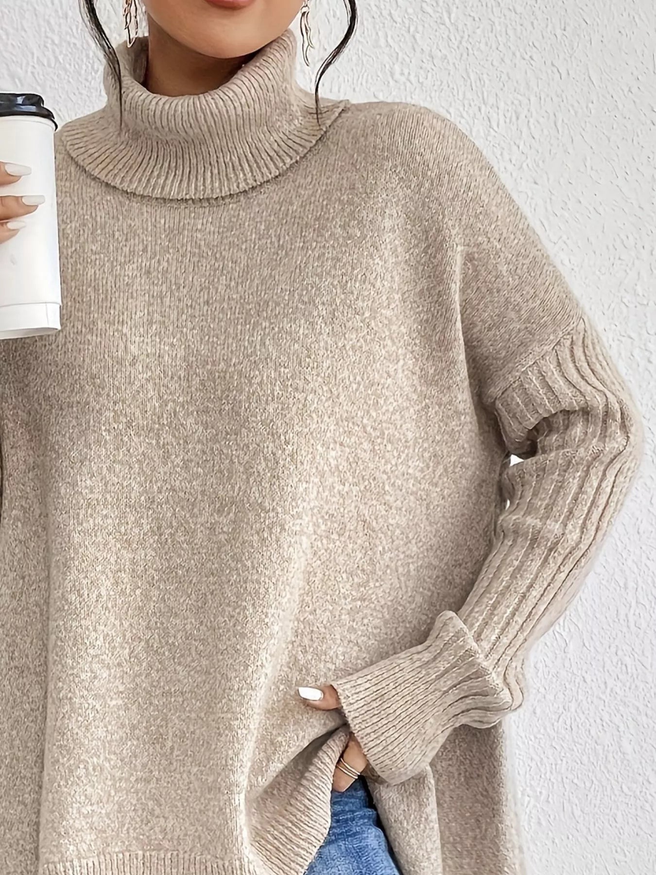 Turtleneck High-Low Hem Ribbed Sweater - Oversized Asymmetrical Knit Pullover