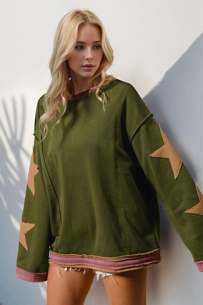 Star Patched Exposed Seam Long Sleeve Sweatshirt