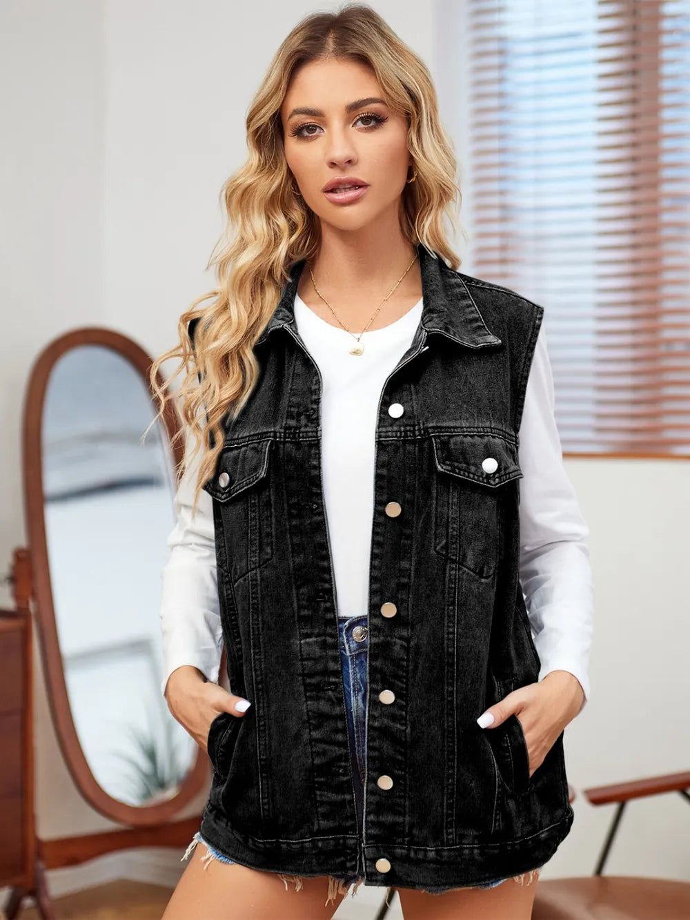 Women's Sleeveless Button Up Denim Vest with Pockets