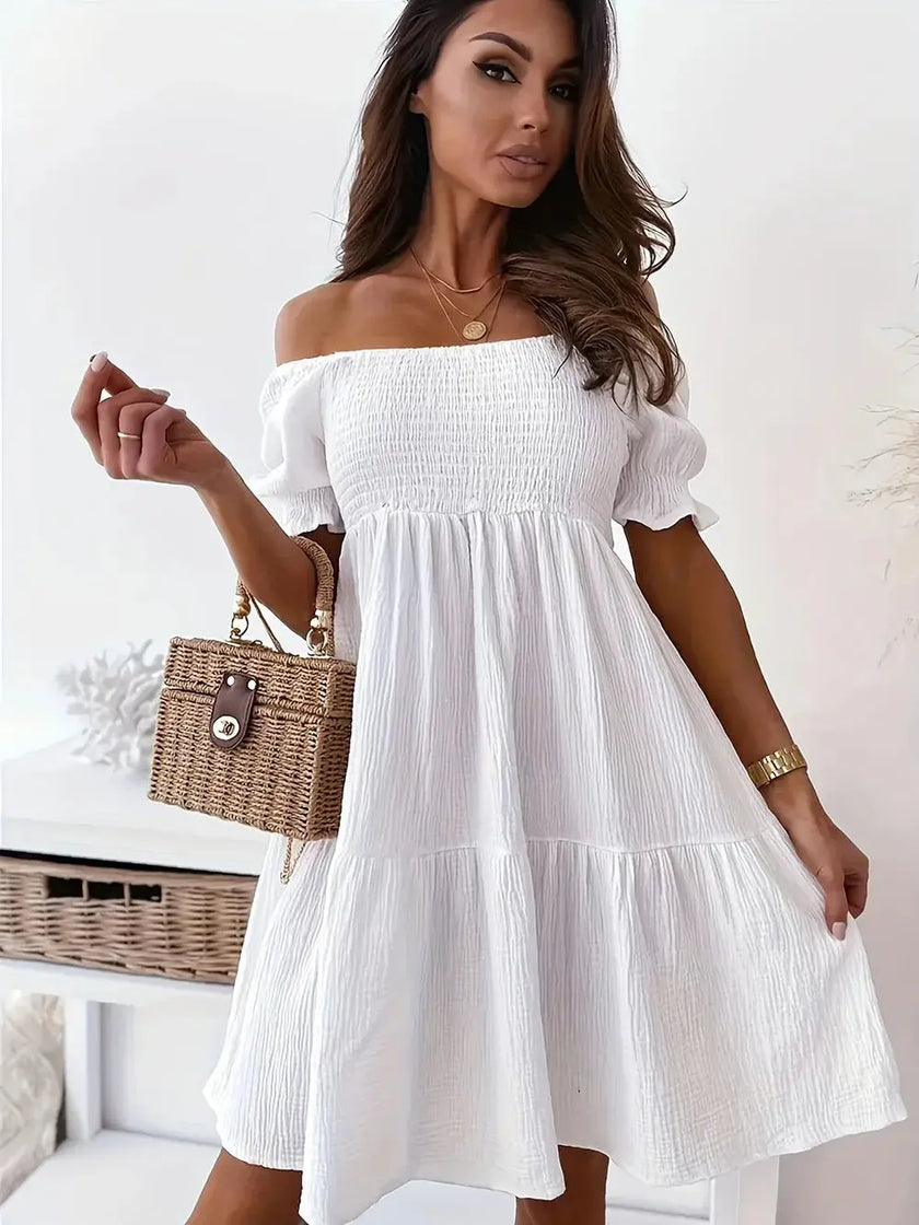 Full Size Ruffled Off-Shoulder Short Sleeve Dress - Heraki 