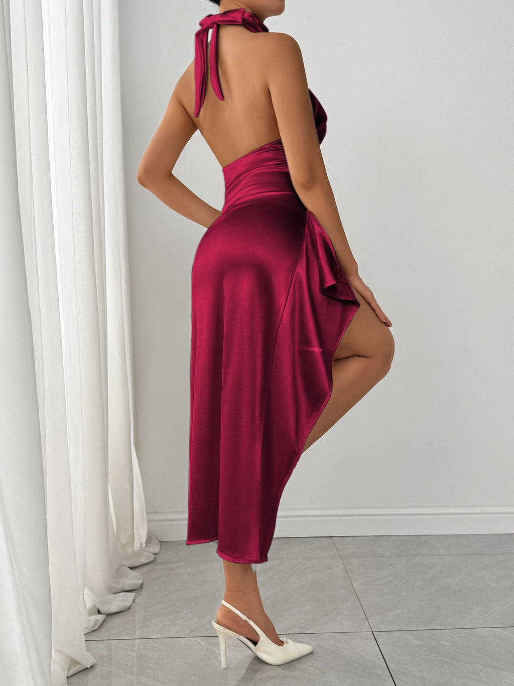 Halter Neck Satin Slit Dress