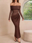Off-Shoulder Long Sleeve Ruched Bodycon Maxi Dress