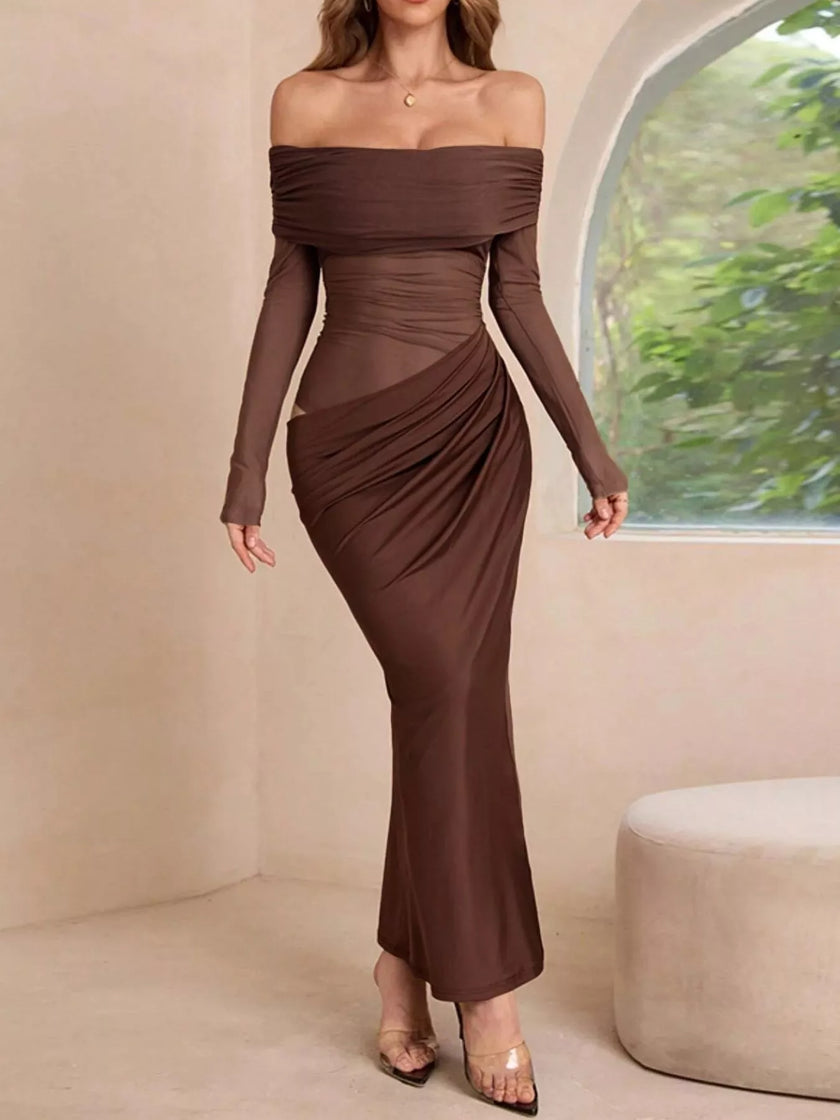 Off-Shoulder Long Sleeve Ruched Bodycon Maxi Dress