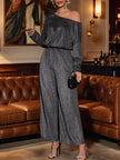 One-Shoulder Glitter Wide Leg Jumpsuit with Long Sleeve