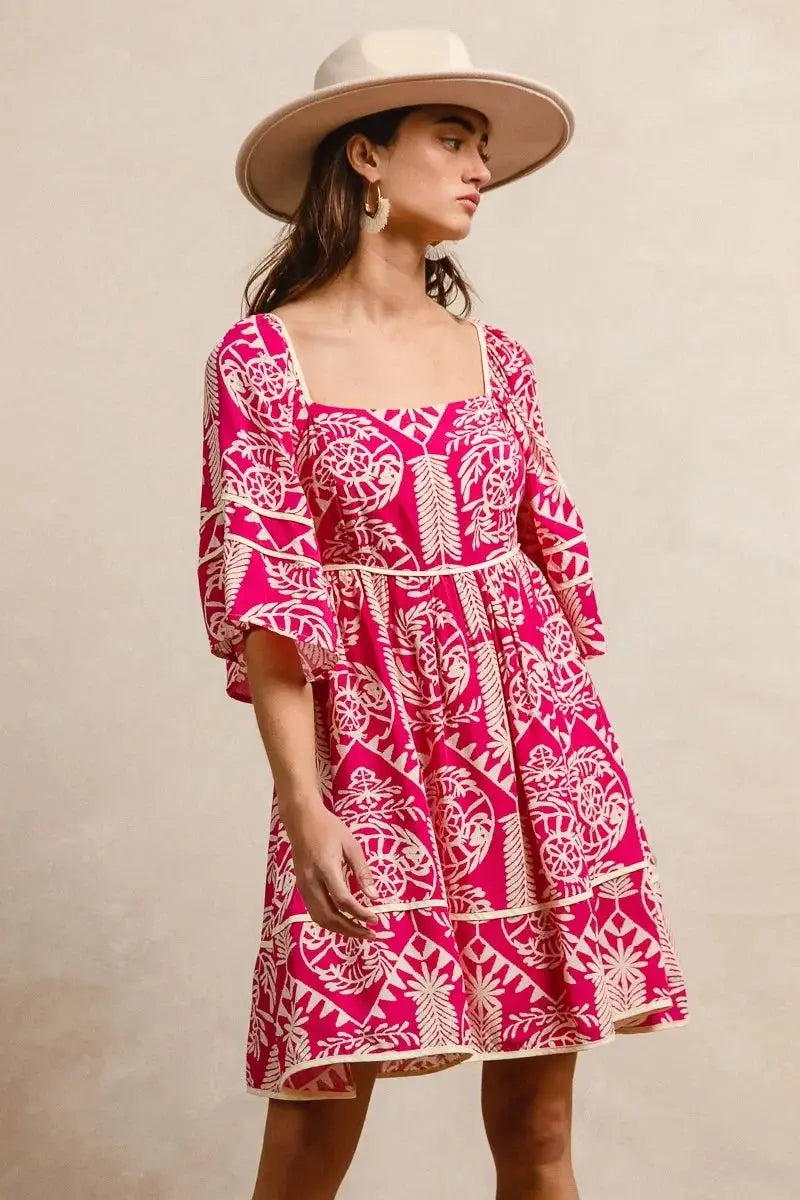 BiBi Aztec Woven Printed Contrast Binding Dress - Heraki 