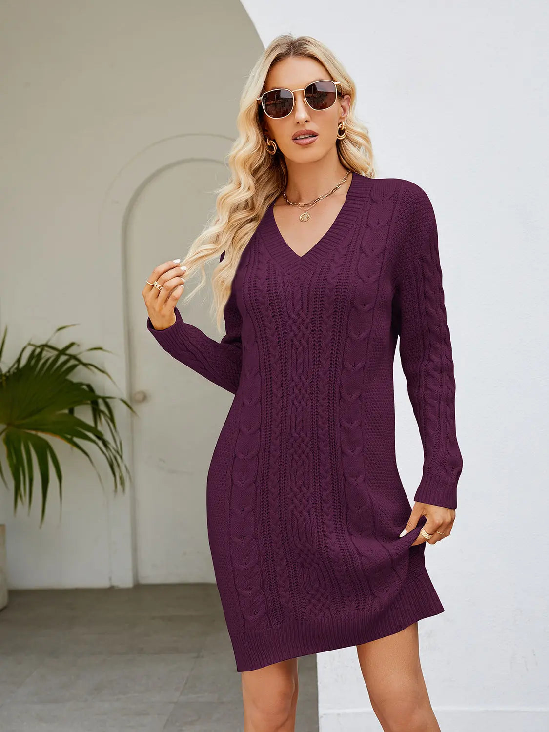 Cozy Cable-Knit V-Neck Mini Sweater Dress