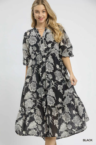Floral Print Boho Tiered Midi Dress