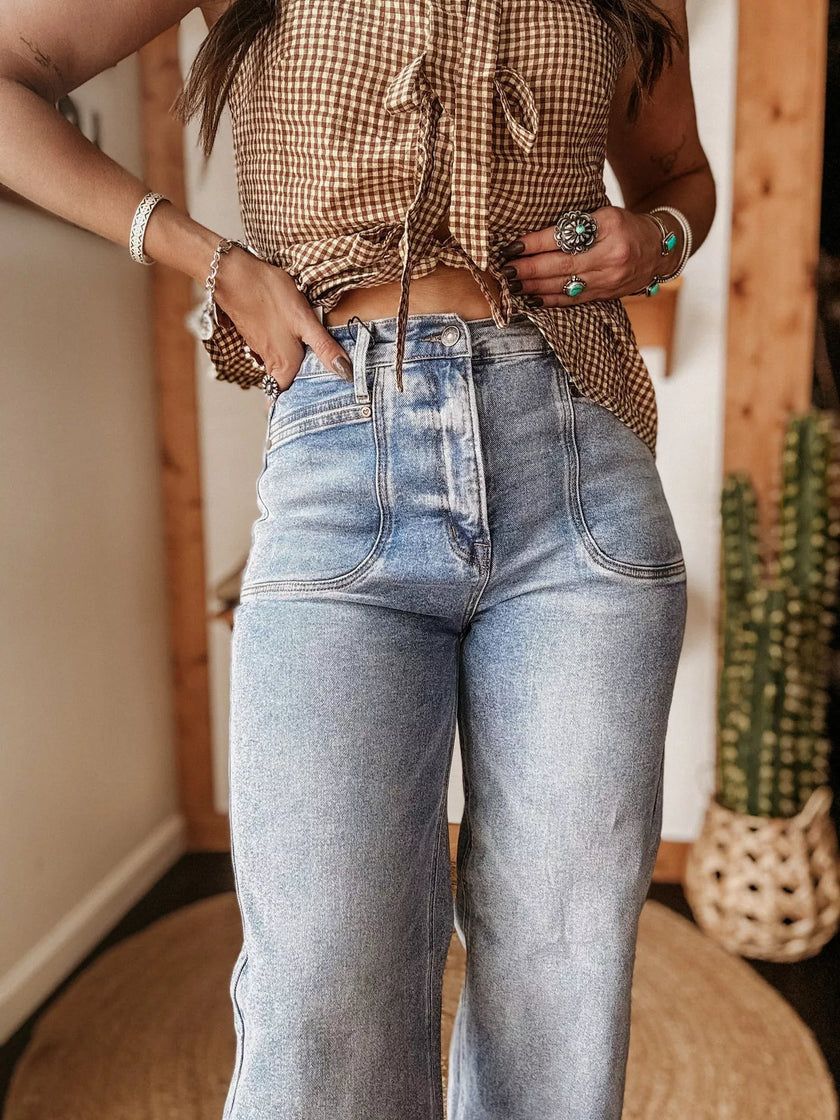 Wide Leg Washed Pocketed Jeans