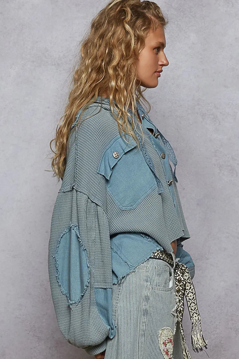 Contrast Cropped Jacket with Raw Edge Detail